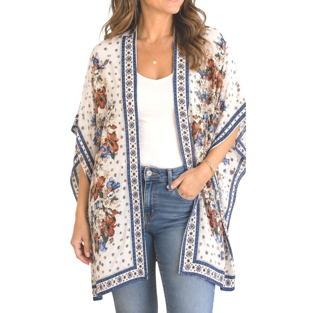 Max Studio London Floral Kimono Wrap Open Front Cardigan Boho style M Bohemian
